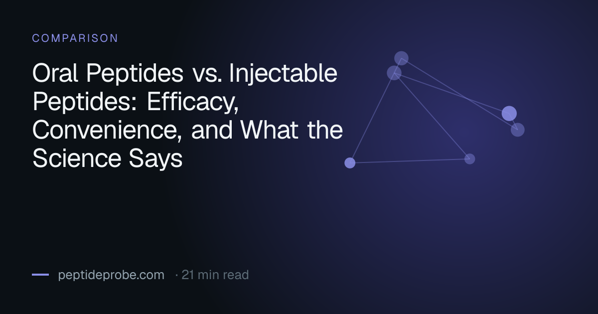 PeptideProbe comparison title card reading “Oral Peptides vs. Injectable Peptides: Efficacy, Convenience, and What the Science Says”