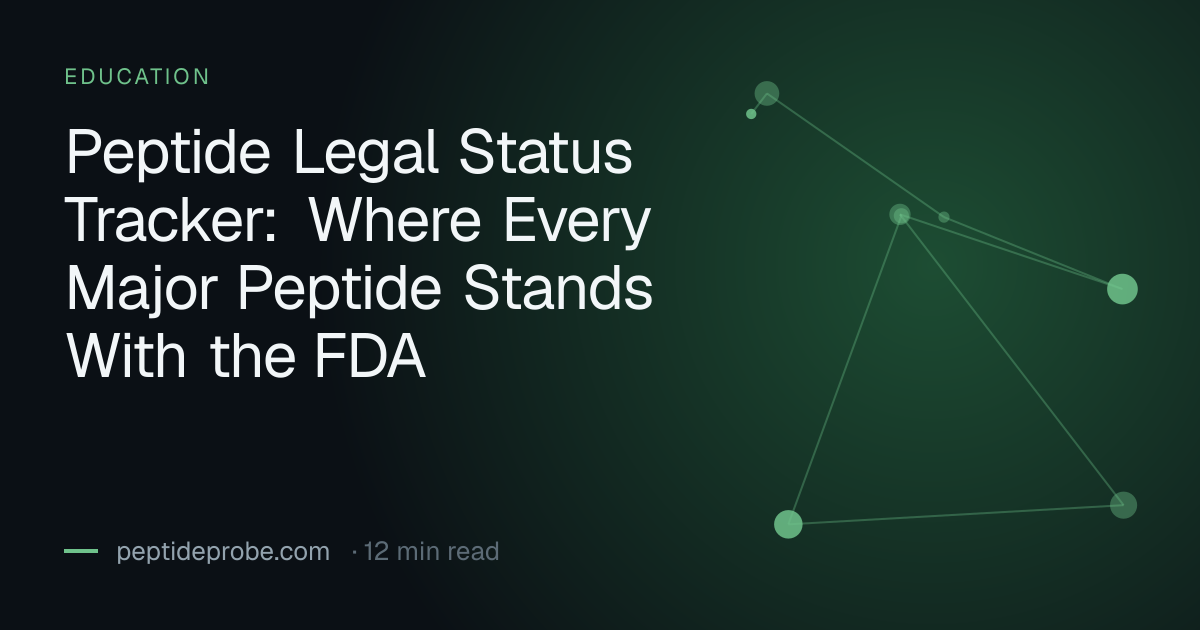 PeptideProbe education title card reading “Peptide Legal Status Tracker: Where Every Major Peptide Stands With the FDA”