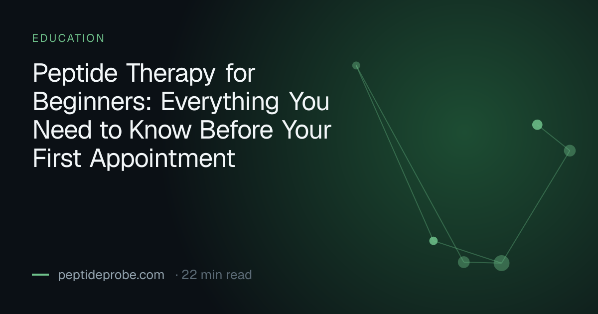 PeptideProbe education title card reading “Peptide Therapy for Beginners: Everything You Need to Know Before Your First Appointment”