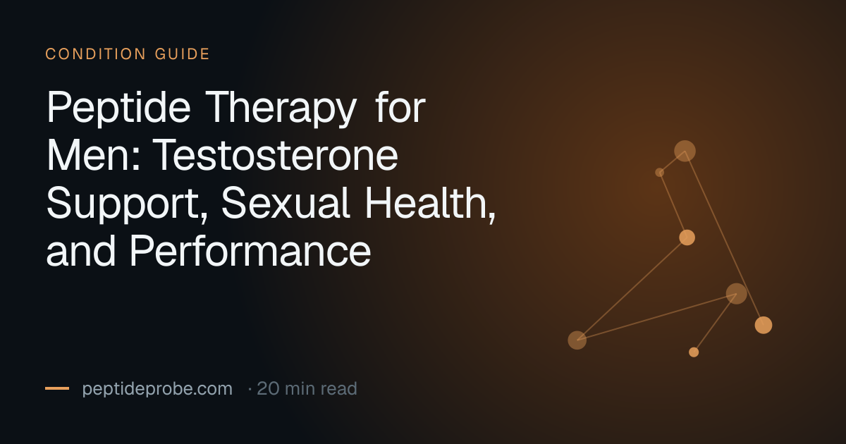 PeptideProbe condition guide title card reading “Peptide Therapy for Men: Testosterone Support, Sexual Health, and Performance”