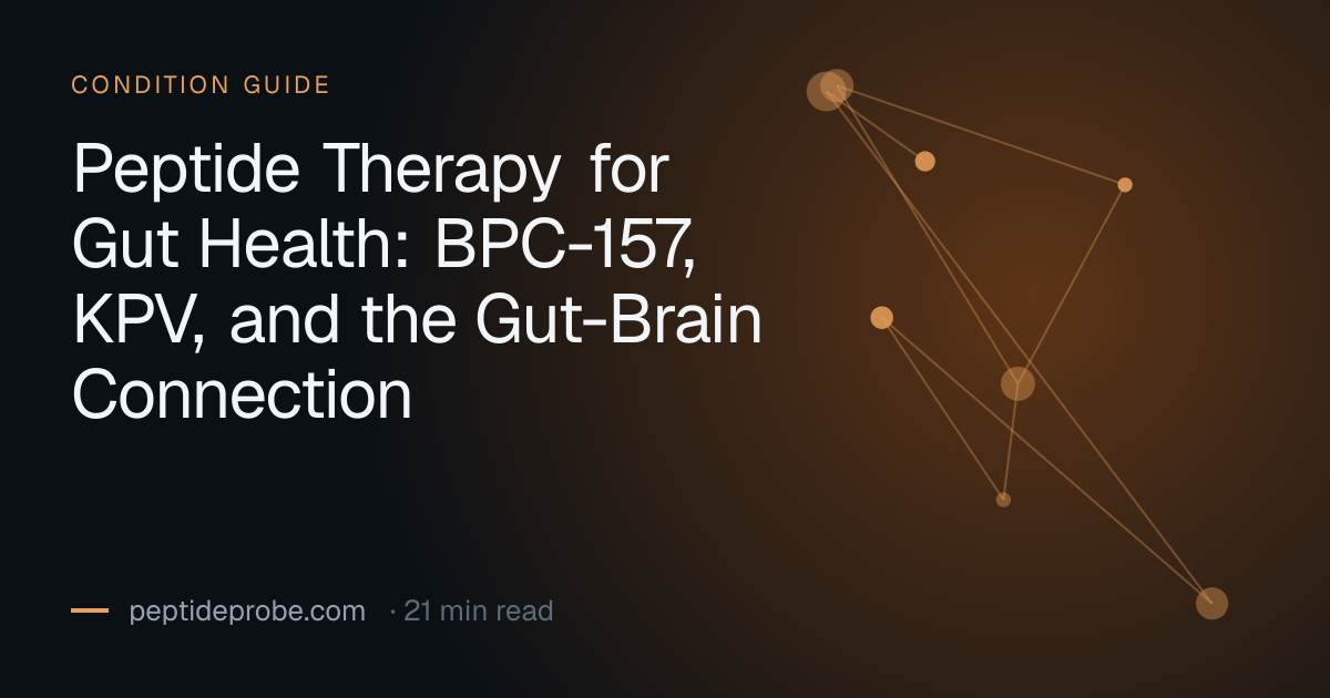 PeptideProbe condition guide title card reading “Peptide Therapy for Gut Health: BPC-157, KPV, and the Gut-Brain Connection”