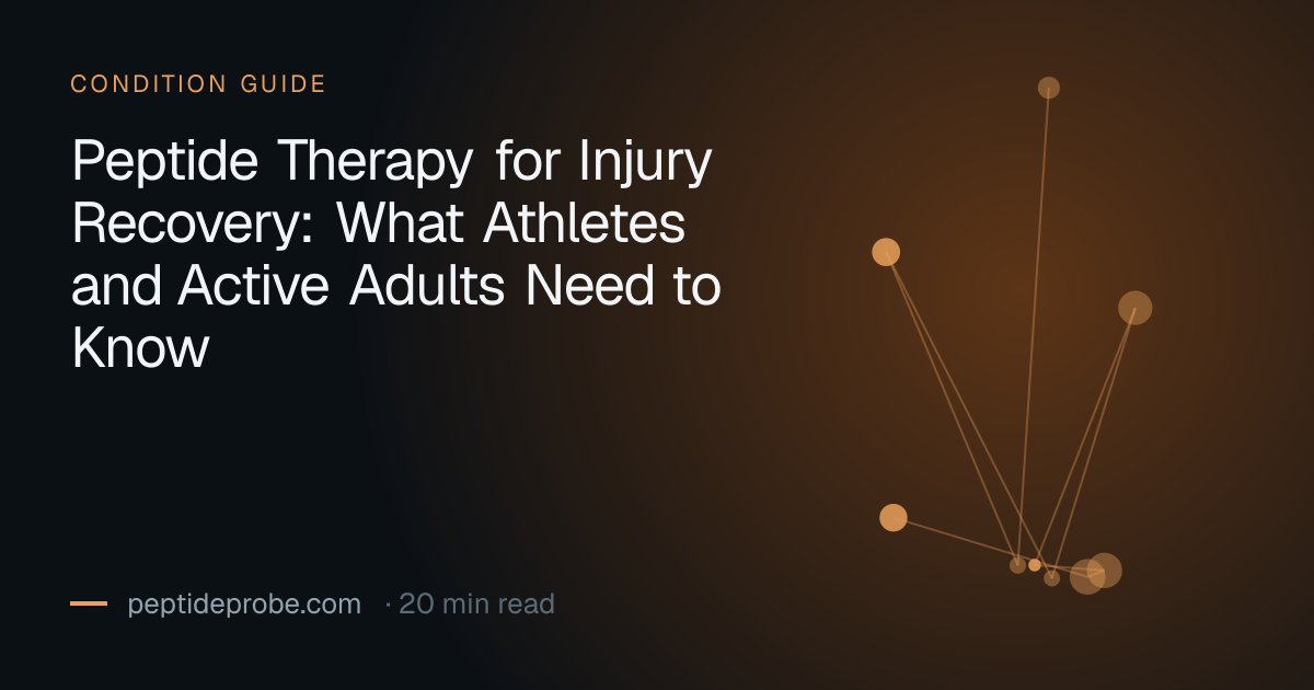 PeptideProbe condition guide title card reading “Peptide Therapy for Injury Recovery: What Athletes and Active Adults Need to Know”