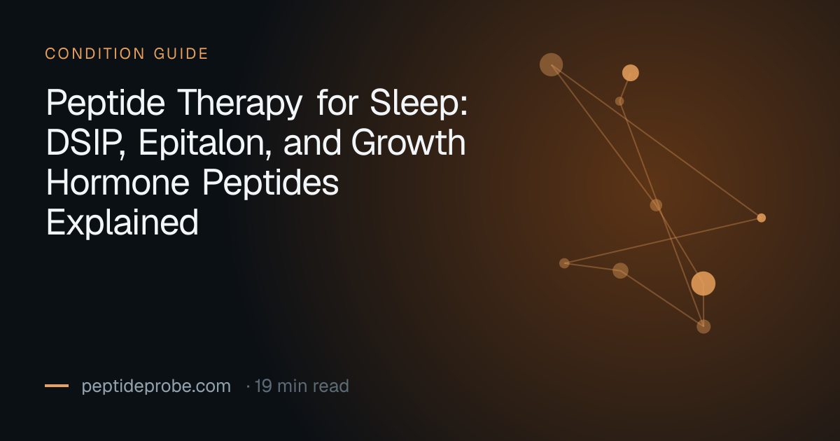 PeptideProbe condition guide title card reading “Peptide Therapy for Sleep: DSIP, Epitalon, and Growth Hormone Peptides Explained”