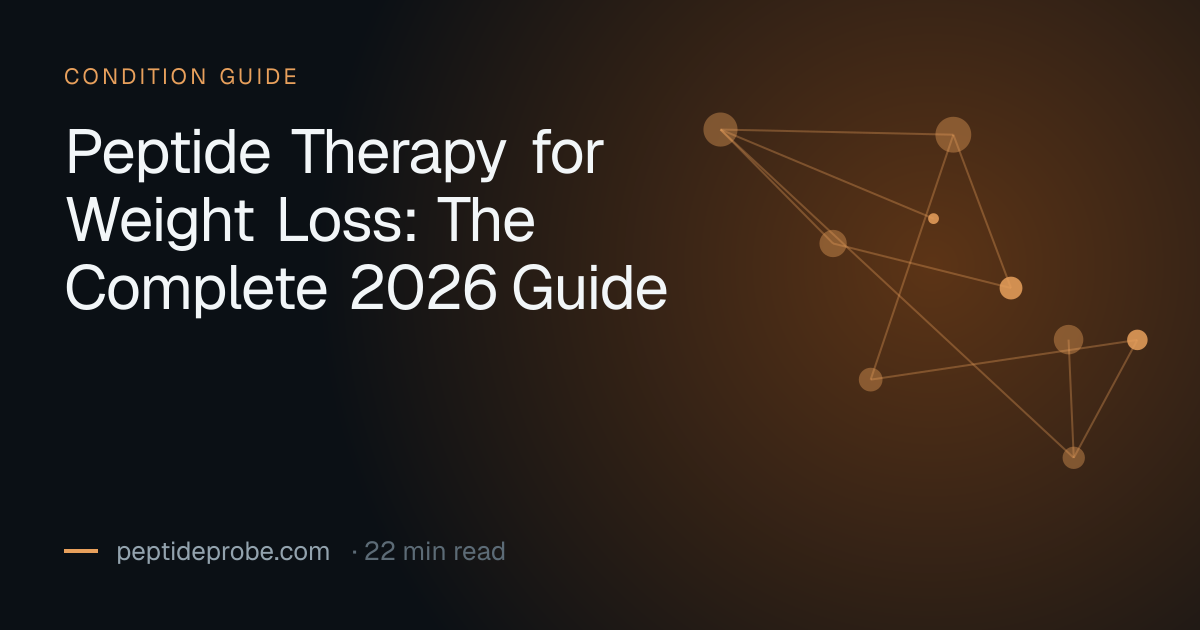 PeptideProbe condition guide title card reading “Peptide Therapy for Weight Loss: The Complete 2026 Guide”
